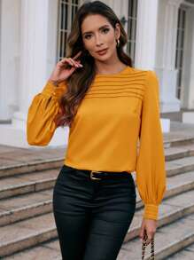 SHEIN Clasi 女士褶皺燈籠袖襯衫 - 黃色 - 查看 3