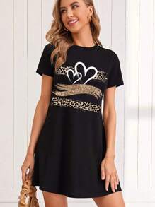 SHEIN LUNE Casual Women's Leopard Print Heart Pattern Bodycon Round Neck Short Sleeve Mini Dress, Suitable For Summer Chic Dress - Black - View 6