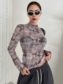 DAZY 女款紮染網布長袖上衣 - 咖啡棕 - 查看 4