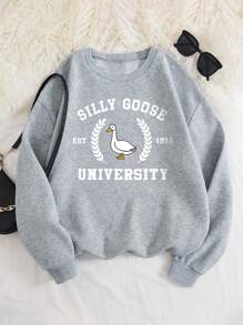 INAWLY Women's Plus Size Letter Print Crew Neck Sweatshirt, SILLY GOOSE EST 1973 UNIVERSITY Graduation,Back To School Outfits,Graduation,Teacher Outfits For Women,Back To School Pullover Fall Outfit Winter Autumn