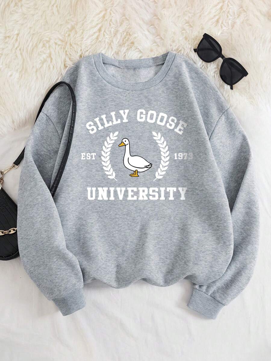 INAWLY Women's Plus Size Letter Print Crew Neck Sweatshirt, SILLY GOOSE EST 1973 UNIVERSITY Graduation,Back To School Outfits,Graduation,Teacher Outfits For Women,Back To School Pullover Fall Outfit Winter Autumn