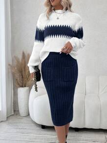 SHEIN Frenchy 對比色立領長袖毛衣和針織裙,帶雙口袋的兩件套裝 - 寶藍色 - 查看 1