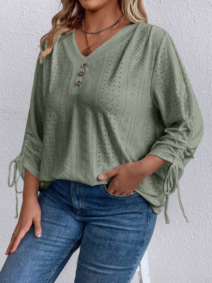 SHEIN LUNE 大尺寸鏤空刺繡t卹 - 綠色 - 查看 1