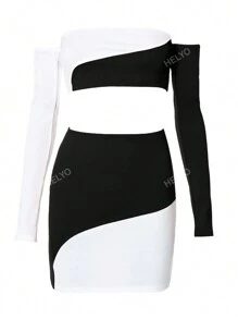 Women's Colorblock Off Shoulder Top And Skirt Set