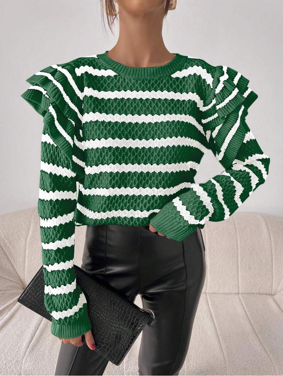 Chiquease Suéter de mujer con volantes y rayas, suéter de punto para otoño e invierno - Multicolor - Ver 1