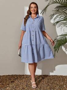 EMERY ROSE 大尺碼女款春季格紋短袖扣襯衫洋裝 - 藍白色 - 查看 3