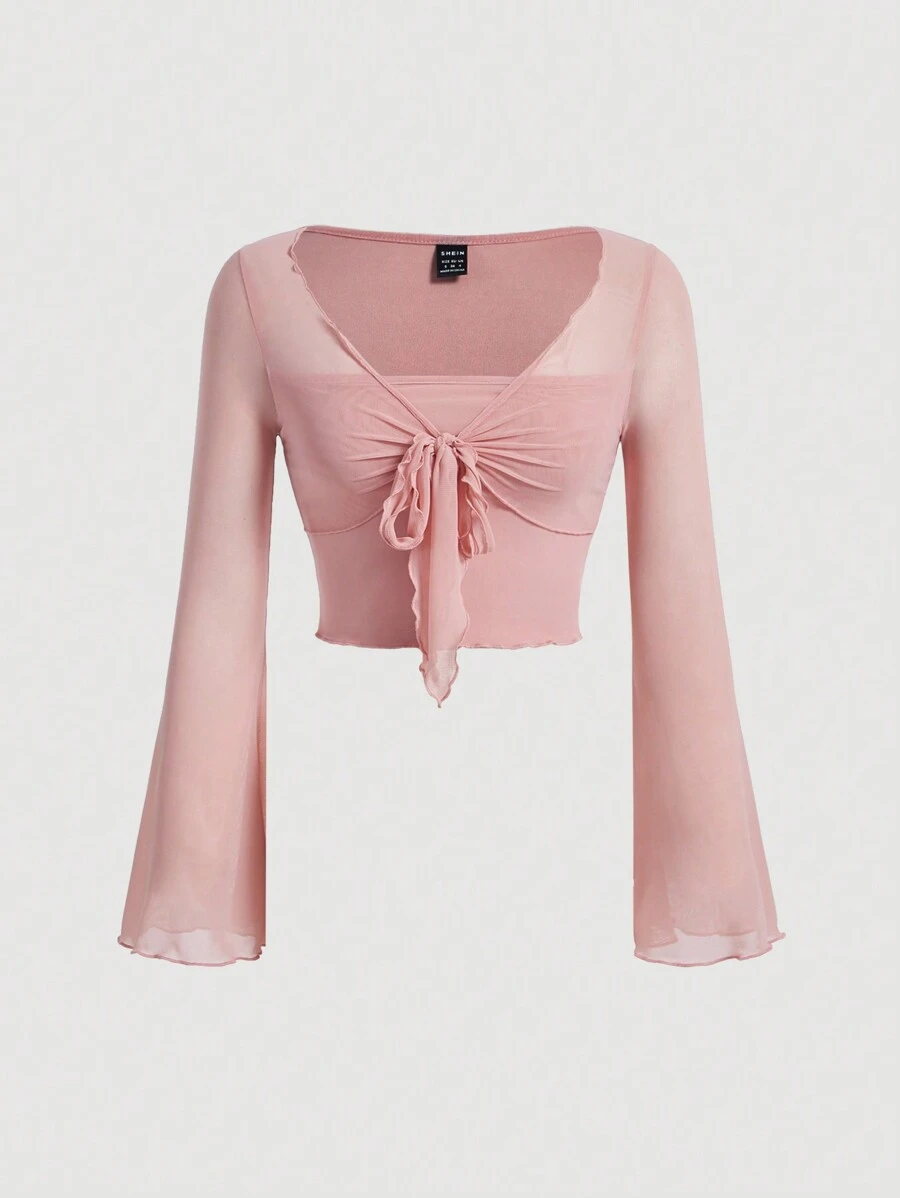 SHEIN MOD Knotted Front Bell Sleeve T-Shirt - Baby Pink - View 1