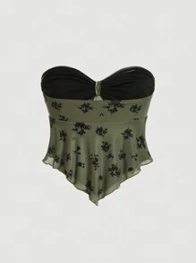 SHEIN MOD Women's Floral Print Knotted Front Bandeau Boho Vintage Top