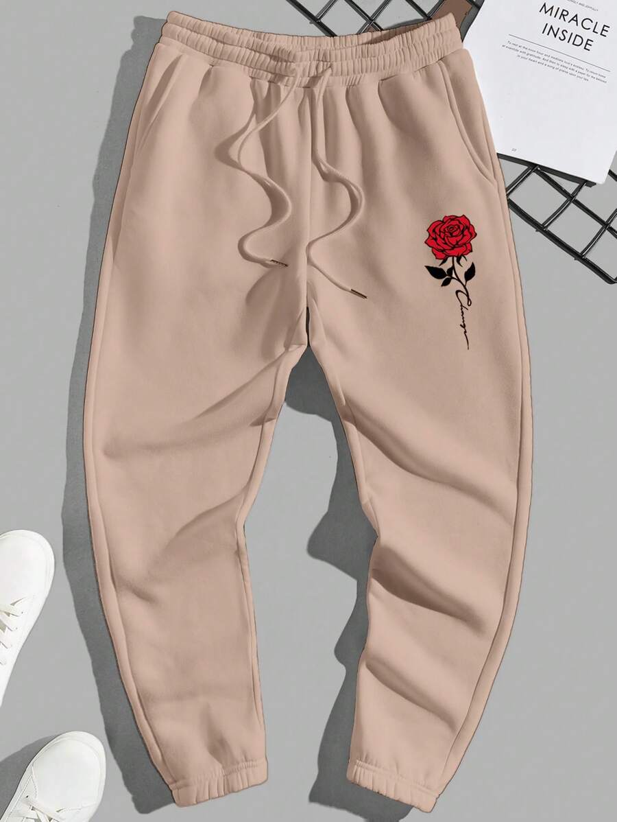 RueChic Men'S Rose Print Drawstring Waist Sweatpants - Camel - View 1