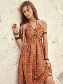 Bohemela Vestido Con Cuello Halter Y Estampado Integral Para Mujer - Naranja - Ver 1