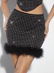 SHEIN BAE 黑色精致水钻优雅俱乐部派对裙，仿鸵鸟毛，闪闪发光的宝石装饰 - 黑色 - 查看 6