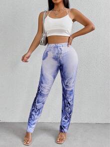 SHEIN SXY 牛仔效果印花長褲 - 彩色 - 查看 3