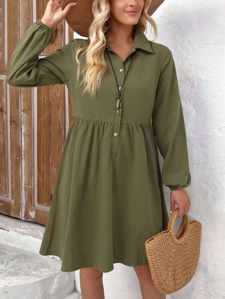 EMERY ROSE 女款純色襯衫領連身裙 - 軍綠色 - 查看 1