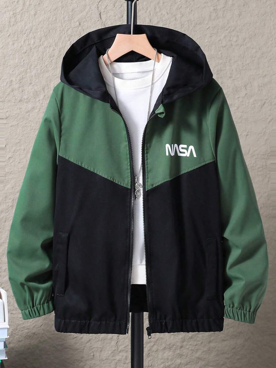 Teen Boys' Hooded Jacket With Letter Print And Color Block Design
