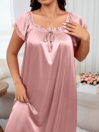 LuxeNights Plus Size Square Neck Bow Pajama Night Dress, Long Moo view 4