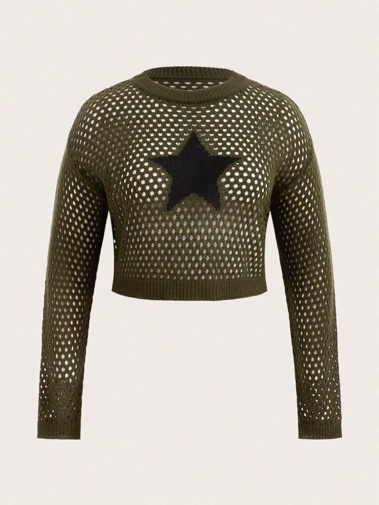 Plus Size Women's Five-Pointed Star Pattern Hollow Sweater Pullover