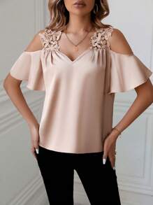 SHEIN Clasi Women's Off-Shoulder Ruffle Sleeve Blouse - Khaki - View 5