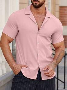 男士粉紅色短袖休閒襯衫 - 粉色 - 查看 3