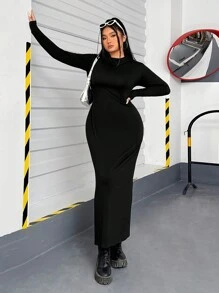 SHEIN EZwear Đầm bodycon trùm đầu màu trơn cỡ lớn - màu đen - Xem 1