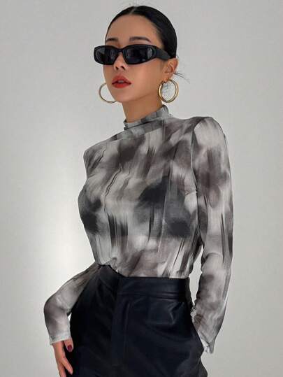 DAZY 女士立领扎染上衣夏季薄纱长袖女式上衣外出上衣