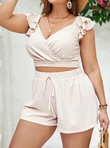 SHEIN VCAY 大尺碼女式紋理布料短版上衣和牛仔短褲 2 件/套 - 杏色 - 查看 1