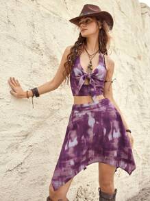 Bohemela Resort Women'S Front Knotted Tie-Dye Halterneck Top And Skirt Two-Piece Set