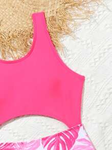 SHEIN Cô gái Tween Bản in nhiệt đới Ngẫu nhiên Cắt ra Đồ bơi một mảnh - Hồng - Xem 5