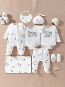 SHEIN Baby Girl Flower And Fruit Jumpsuit Jumpsuit, Drool Bib, Hat, Gloves And Pants Eight-Piece Gift Box - Multicolor - View 1