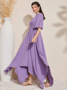 Modelyn Shirred Paneled Bell Sleeve Dress Without Belt - Purple - View 6
