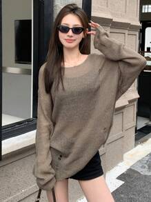 DAZY Của phụ nữ Vòng cổ Rỗng Áo len - Màu Khaki - Xem 3