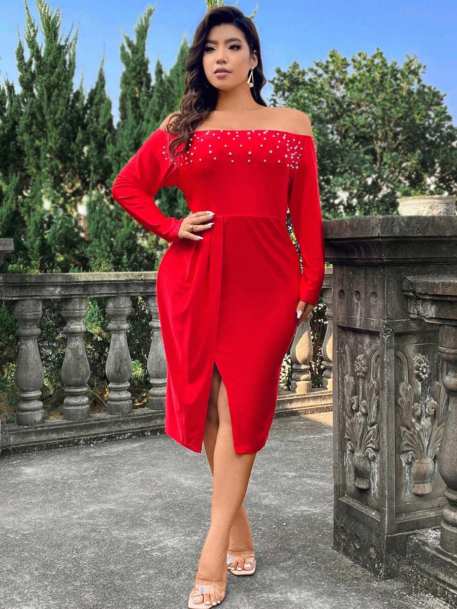 SHEIN Belle Kích thước lớn Ngọc trai đính cườm Off Shoulder Khe Đầm - Đỏ - Xem 1