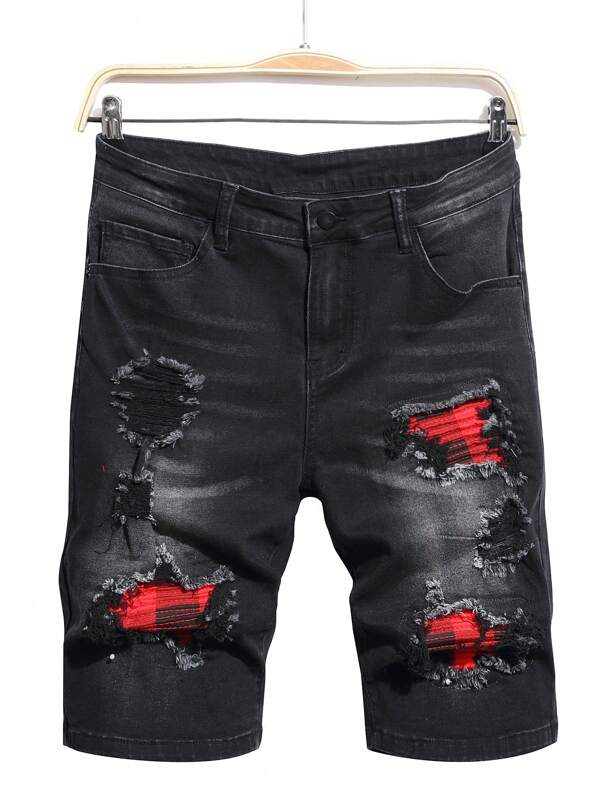Manfinity EMRG Herren verwaschen zerrissene Denim Shorts, einfache Denim Jorts in Schwarz, als Geschenk für Ehemann, Freund