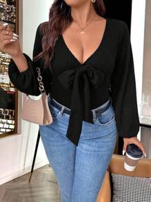 SHEIN LUNE 大尺碼女蝴蝶結燈籠袖上衣 - 黑色 - 查看 1