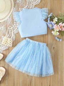SHEIN Young Girl Two-Piece Ruffled Top And Bow-Embellished Mesh Skirt Set - Blue - View 2