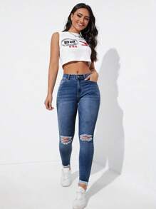 SHEIN Essnce Distressed Slim Denim Trousers Ripped Jeans - Medium Wash - View 3