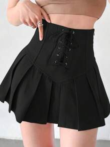 Flirla Plus Size Solid Color High Waist Cross Strap Pleated Skirt - Black - View 1