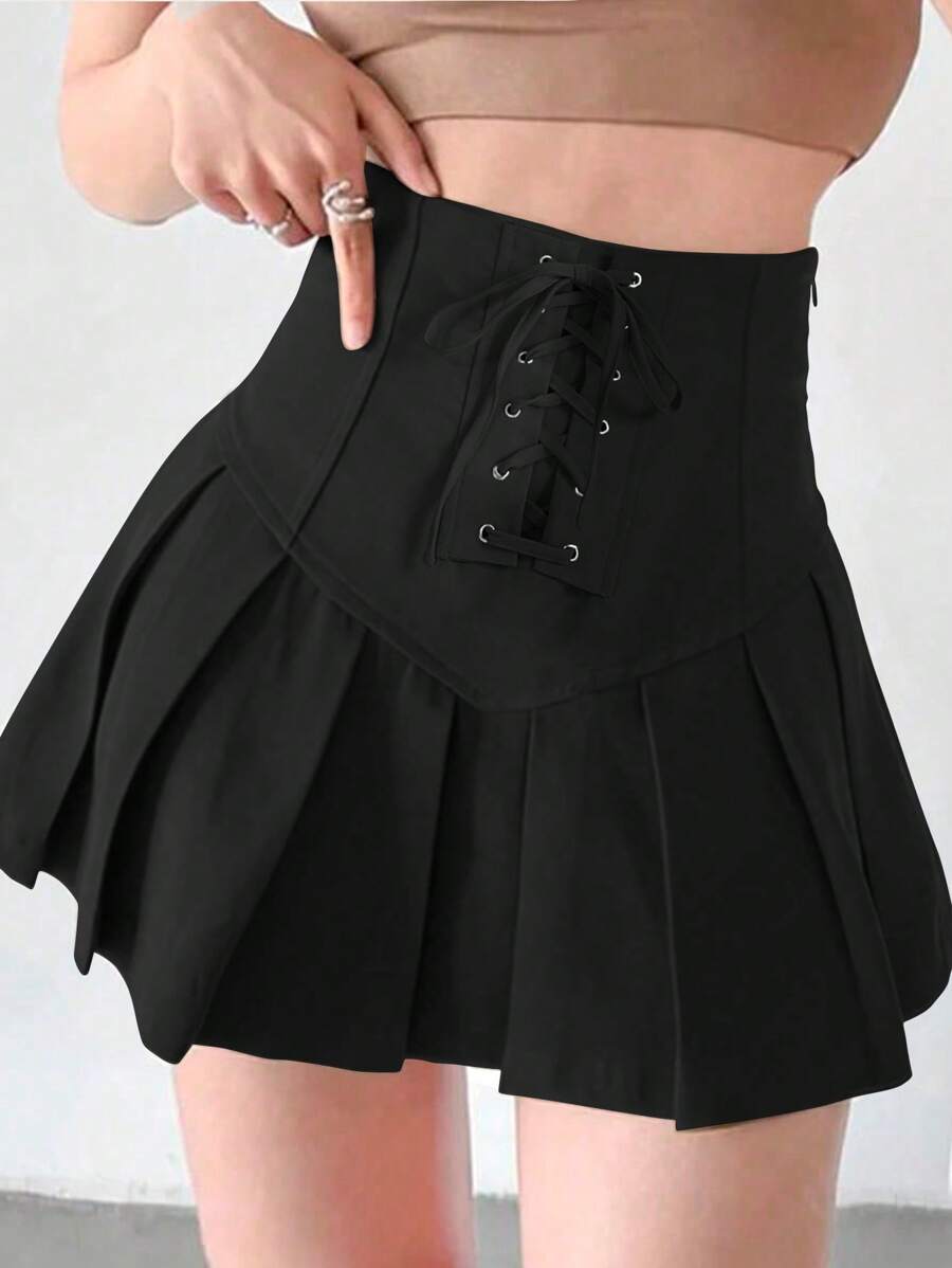 Flirla Plus Size Solid Color High Waist Cross Strap Pleated Skirt - Black - View 1