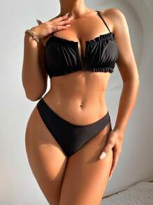 SHEIN Swim Women's Pleated Back Crossover Bikini Set Summer Beach - Black - View 1