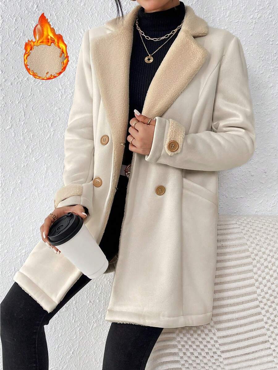 SHEIN Frenchy Faux Shearling Lined Double Breasted Coat - Apricot - View 1