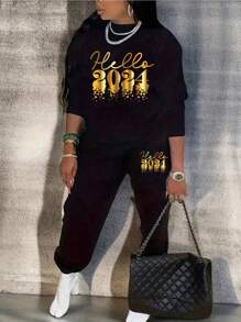 INAWLY Two-Piece Set Of New Year'S Slogan Velvet Thermal Sweatshirts - Black - View 1