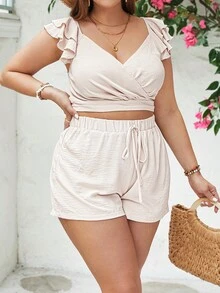 SHEIN VCAY 大尺碼女式紋理布料短版上衣和牛仔短褲 2 件/套 - 杏色 - 查看 5