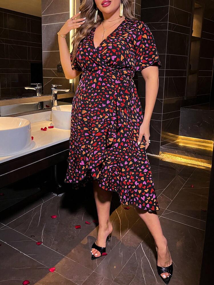 Plus Size Women's Full Heart Print High Low Hem Dress