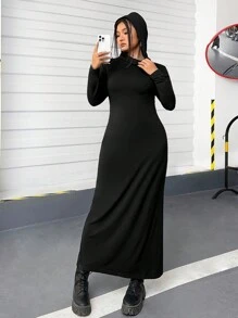 SHEIN EZwear Đầm bodycon trùm đầu màu trơn cỡ lớn - màu đen - Xem 4