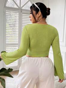 CovetEZ 大码女式不对称下摆冰丝修身 T 恤 - 綠色 - 查看 2