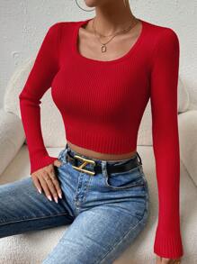 Chiquease 长袖短款修身休闲针织套头衫 秋冬毛衣 - 玫瑰紅 - 查看 7