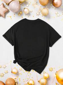 SHEIN Qutie 渐变色字母印花图案圆领短袖女式T恤 - 黑色 - 查看 2