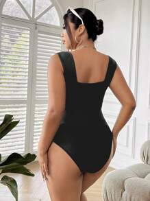 SHEIN EZwear Plus Size Slim Fit Bodysuit With Wide Straps - Black - View 2