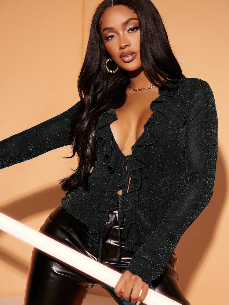 Semi-Sheer Mesh Ruffle Trim Top