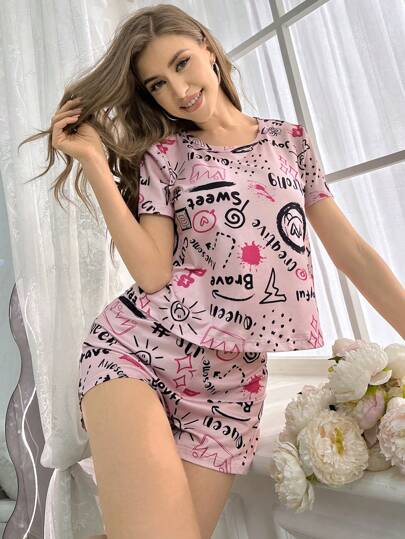 GraceKreations Conjunto de pijama con estampado de graffiti de estilo artístico girly, ropa de mujer para el verano, vacaciones, vacaciones, apto para Ibiza