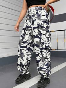 SHEIN EZwear 大尺碼女休閒街頭迷彩工裝褲 - 藏蓝色 - 查看 4